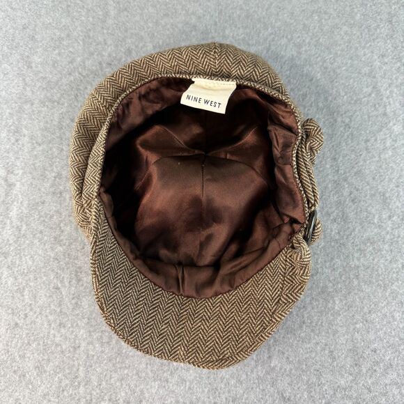 90's Y2K Vintage Nine West Brown/Cream Tweed Herringbone Newsboy Cap - Picture 7 of 7